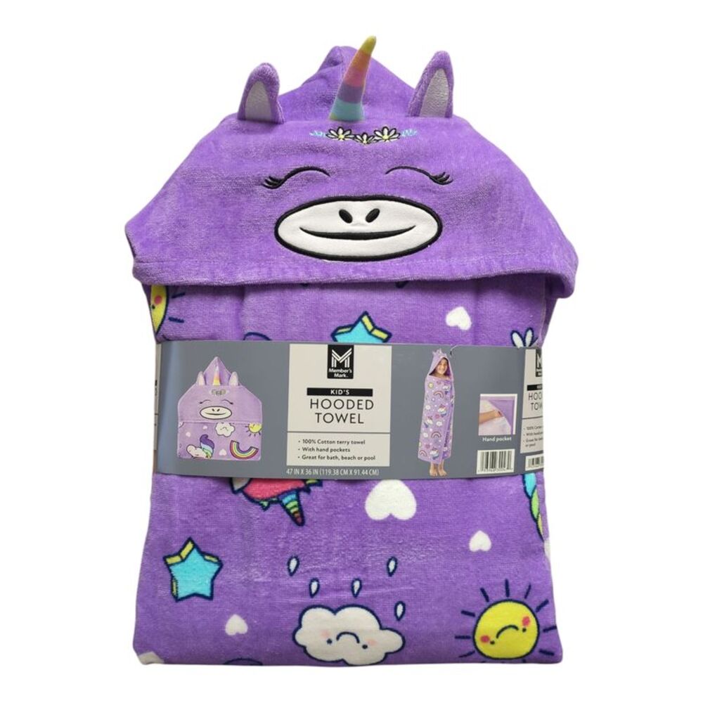 Rainbow Unicorn - Member's Mark Kids 100% Cotton Terry Cloth Hooded Towel With H